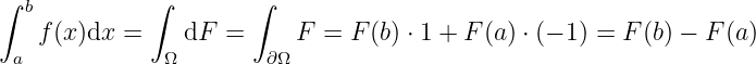 ∫ b          ∫        ∫
   f(x)dx  =    dF =      F = F (b) ⋅ 1 + F (a) ⋅ (− 1 ) = F (b) − F(a)
 a            Ω        ∂Ω
